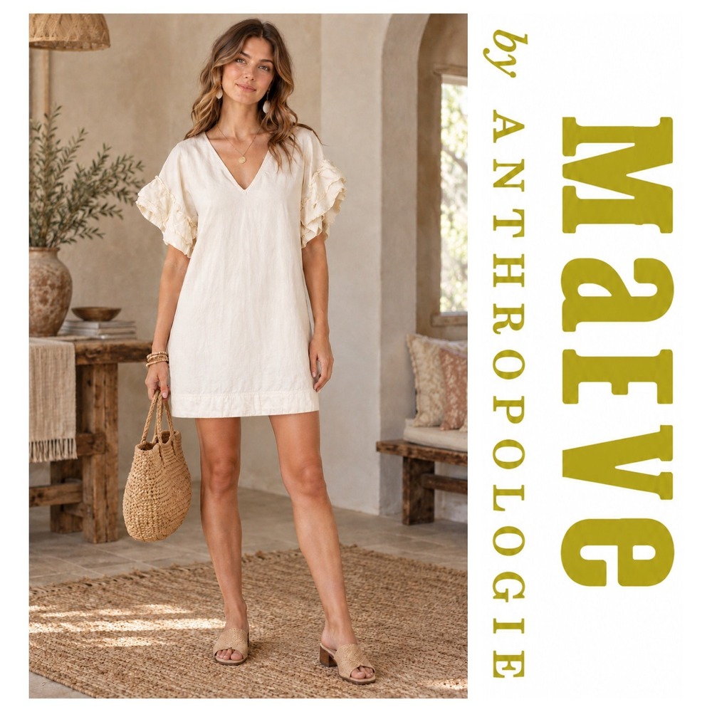 Maeve Anthropologie Ivory Lottie Linen Blend Flutter Sleeve Shift Dress Size M
